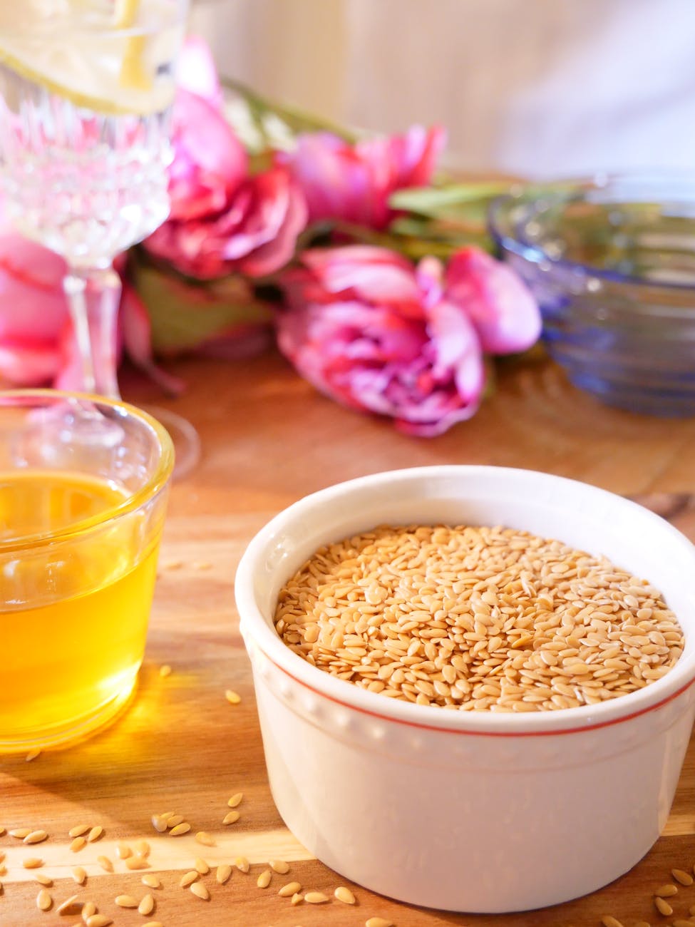 sesame and oil in containers